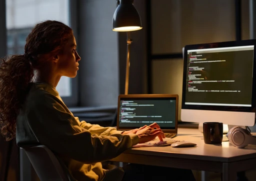 Student coding at a desk