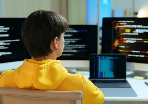 Student coding at a desk